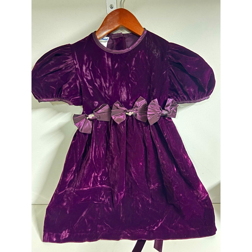Vintage Thomas Girls Purple Velvet A-Line Puff Sleeve Bow Dress Size 6x 78483-1